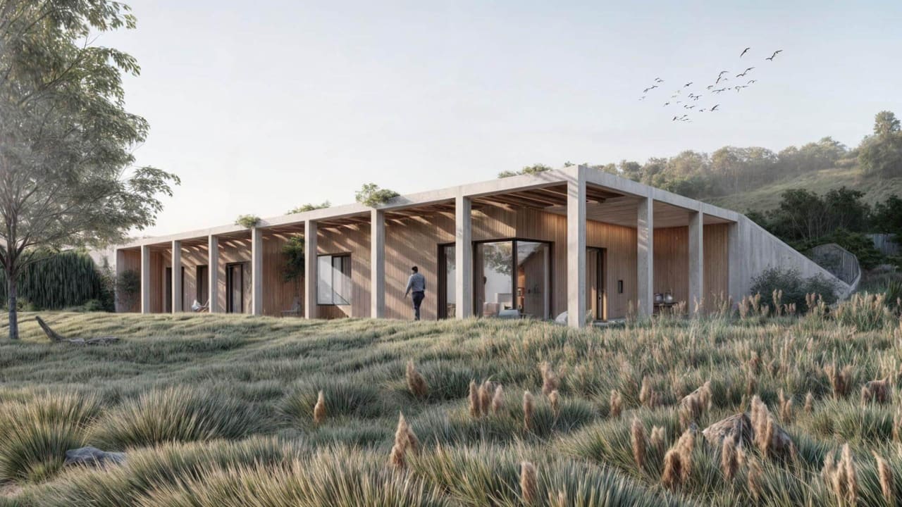 Earth-sheltered house with concrete-column terrace, wood walls, man walking, meadow grasses foreground