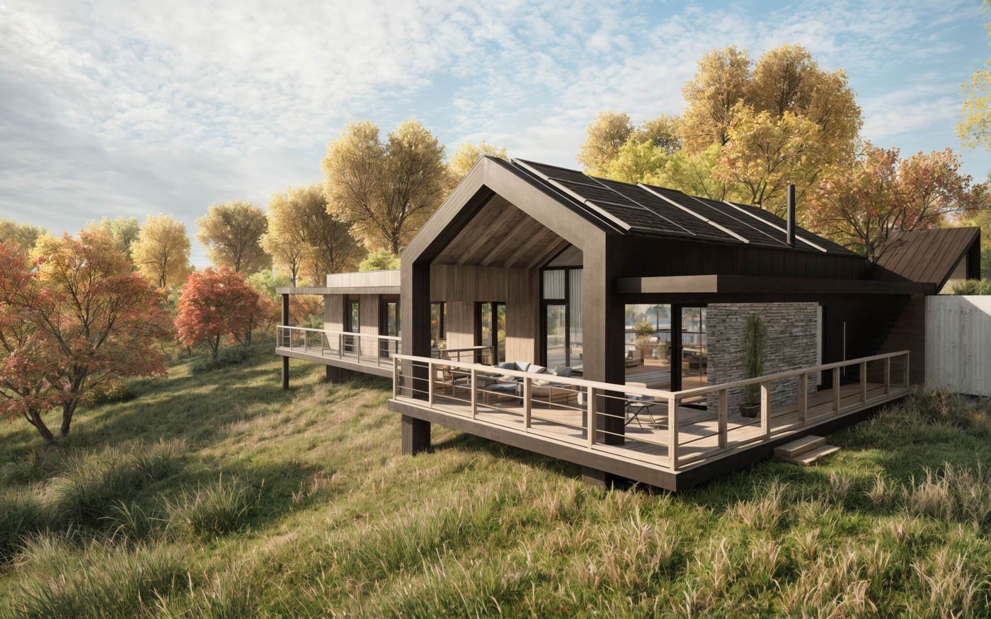 Horská chata Off-grid na drevených stĺpoch so sedlovou strechou a solárnymi panelmi, terasa medzi jesennými stromami