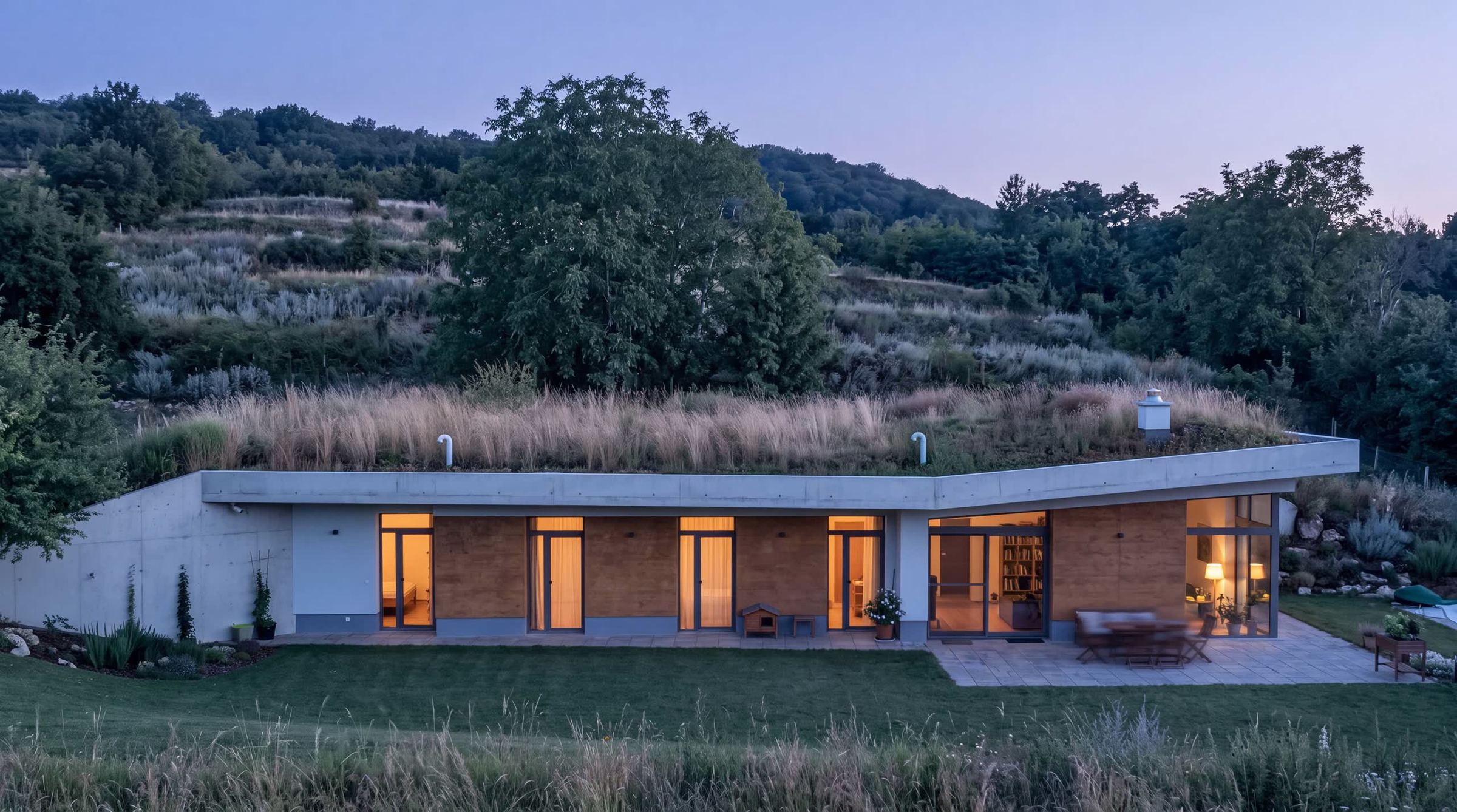 Dusk view of an earth-sheltered house with a grassy roof, lit rooms visible through a long glazed front and terrace.