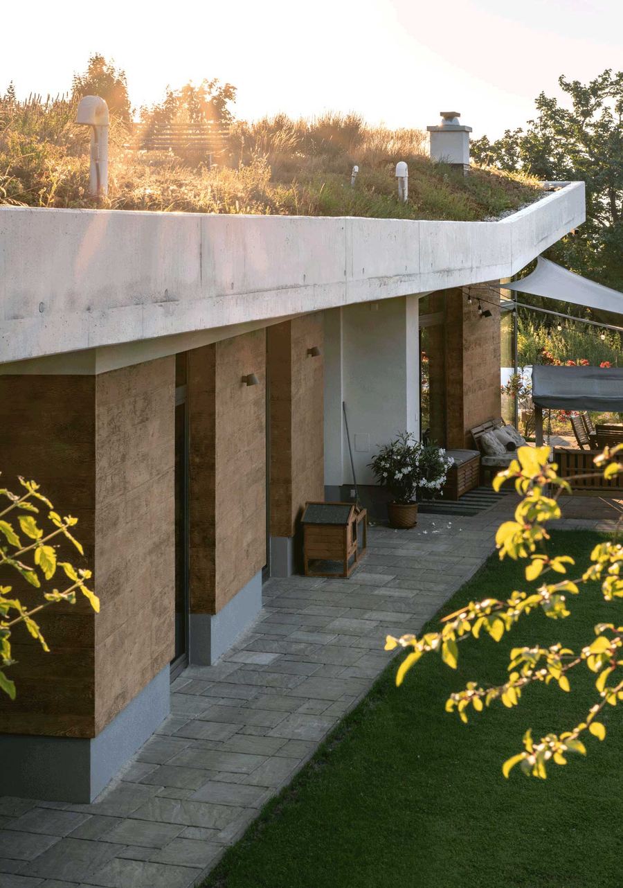 Earth-sheltered house at sunset, grassy roof with meadow flowers, wood-clad facade and terrace below.